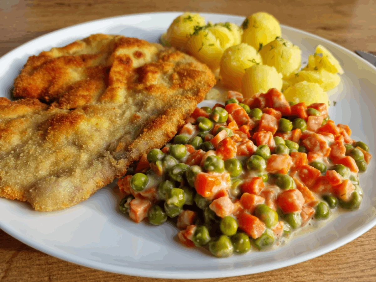 Marchewka z groszkiem podana do młodych ziemniaków i kotleta schabowego